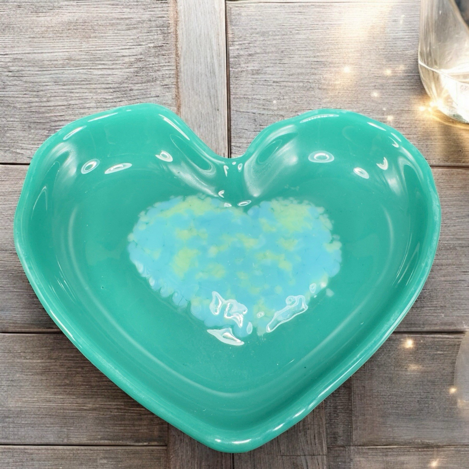 Vintage Fused Art Glass Trinket Dish Heart Shaped Blue Green Glass Plate Dish