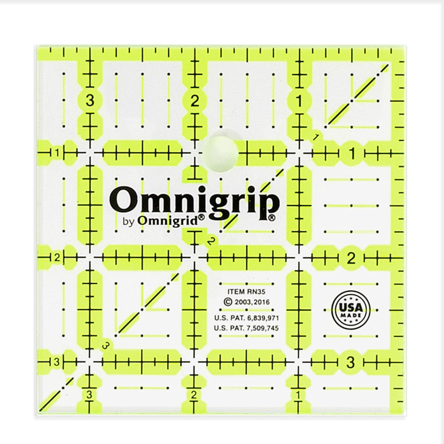 Omnigrip 3-1/2" Square Ruler, Clear Quilting and Sewing Ruler 3.5 x 3.5, Green