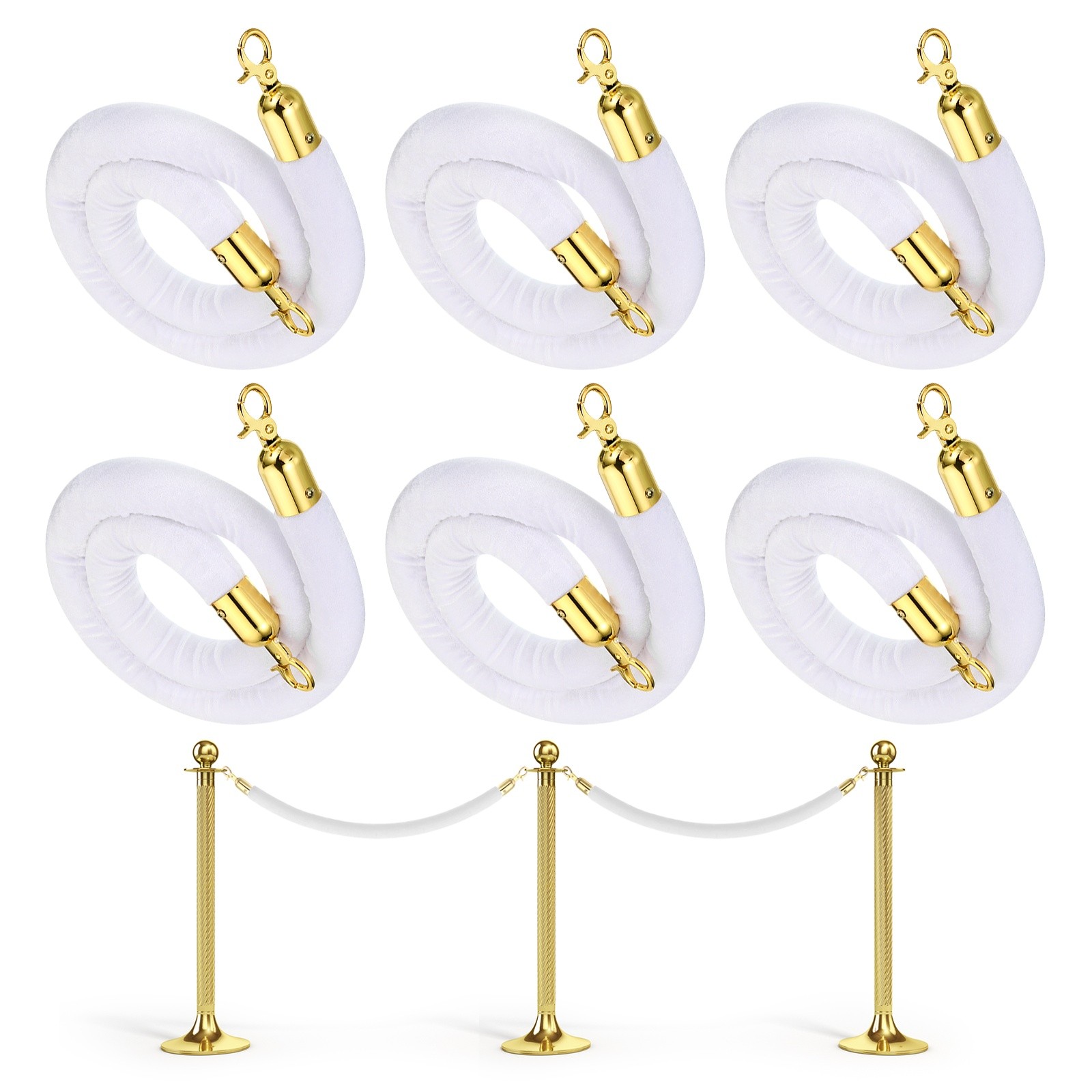 6Pcs 4 Feet White Velvet Stanchion Barrier Rope Golden for Crowd Control