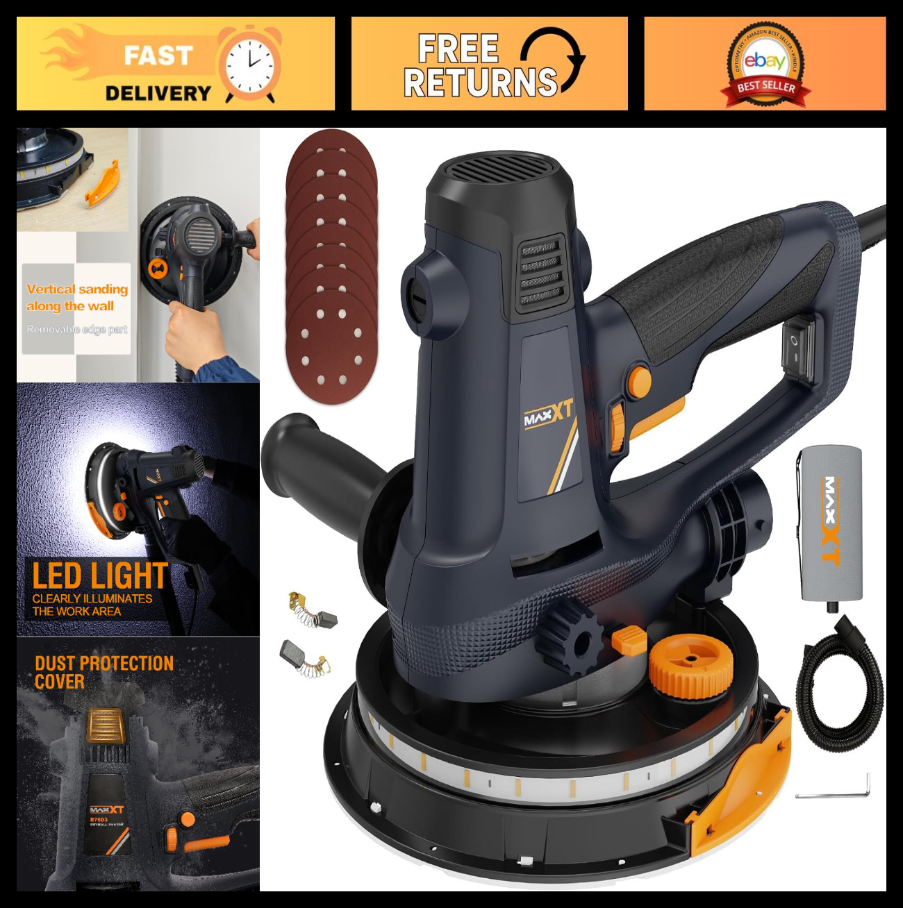 Electric Handheld Drywall Sander 810W, Variable Speed 1500-2800RPM, Dust Extract
