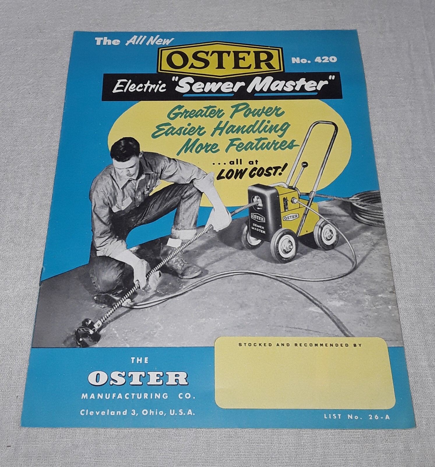 VINTAGE OSTER MFG ELECTRIC SEWER MASTER DRAIN SNAKE BROCHURE CLEVELAND OHIO USA