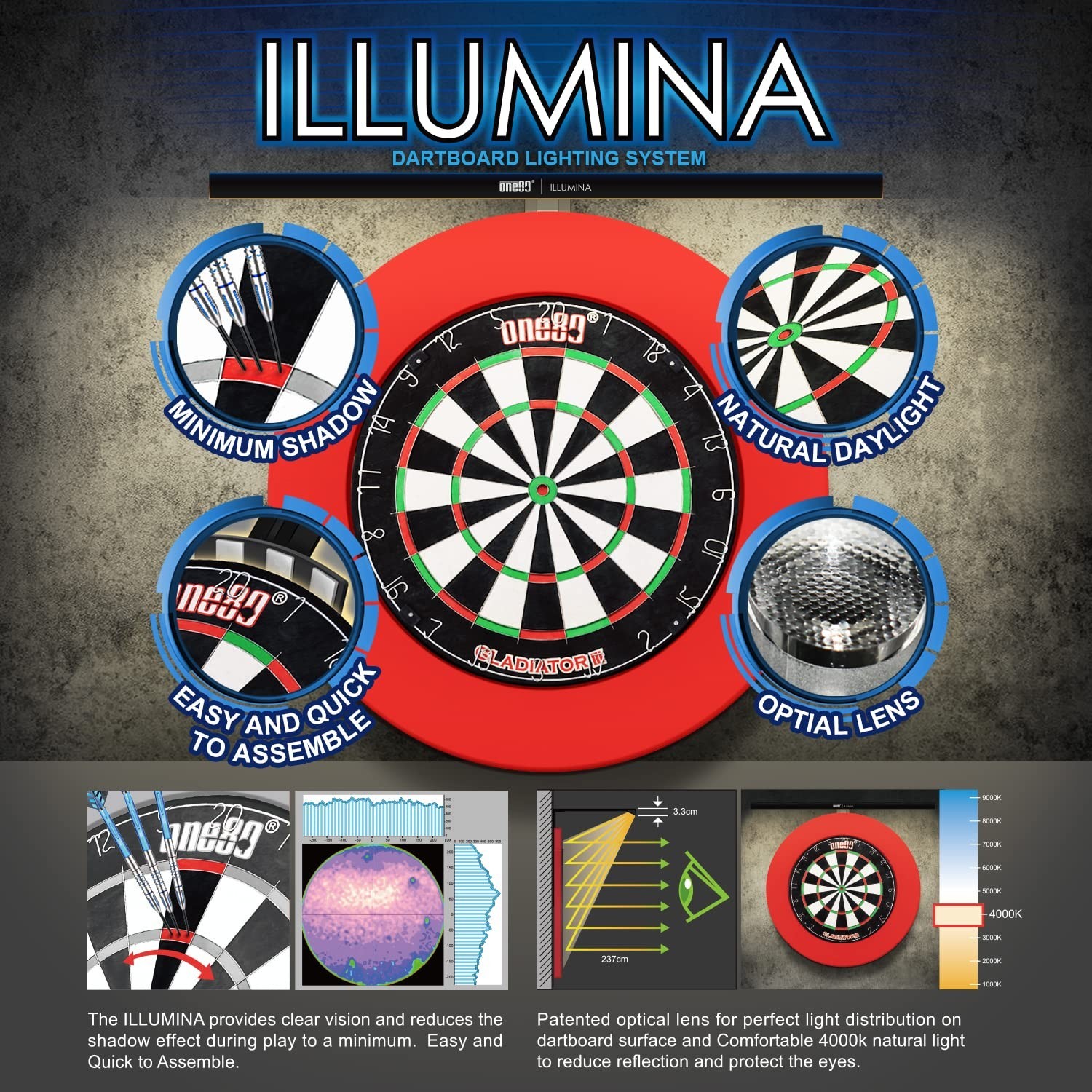 ONE80 ILLUMINA Dartboard Lighting System, Minimum Shadow and Clear Vision Des...