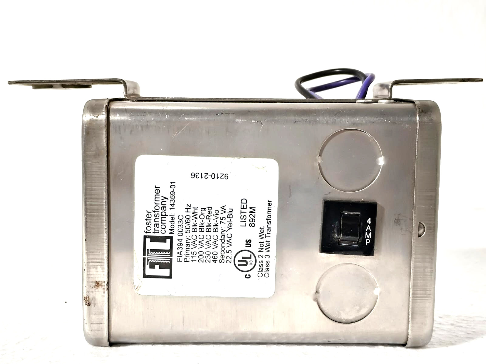 FOSTER 14359-01 TRANSFORMER PRIMARY 115/200/230/460 VAC SECONDARY 22.5VAC 75VA