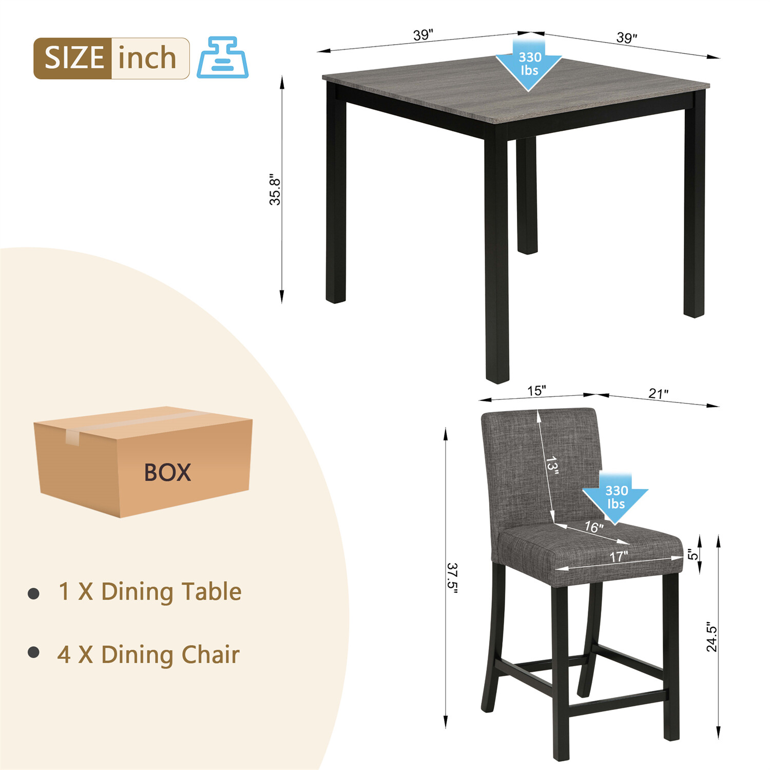5 Piece Dining Table Set Wooden Dining Table with 4 Upholstered Chairs