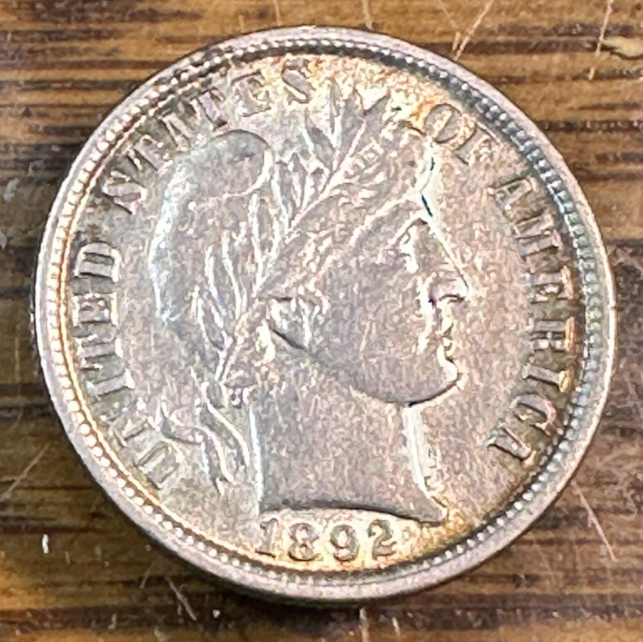 1892 Barber Dime Pretty AU w/Peripheral Toning CHRC