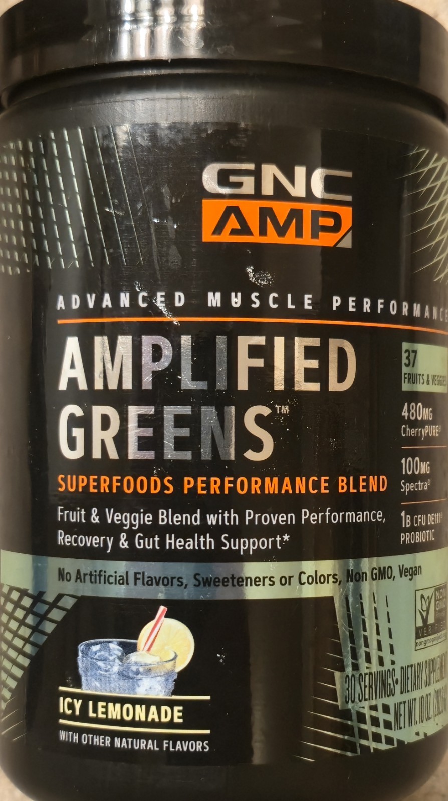GNC AMP AMPLIFIED GREENS Powder 10oz (30 Serv) Natur Icey Lemonade BEST BY 08/26