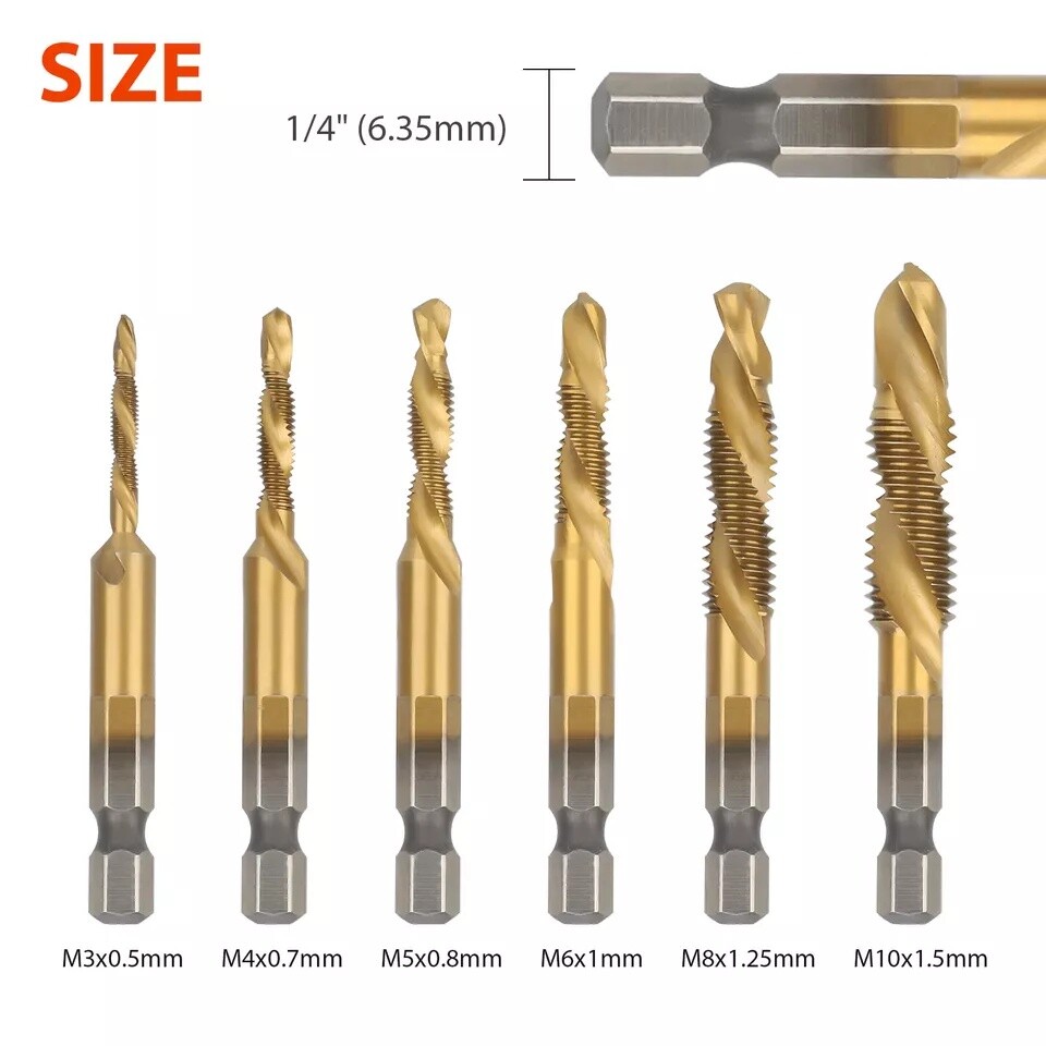 12PCS 1/4" HSS Hex Shank Titanium Plated Screw Thread Drill Bits Set M3-M10 Tap