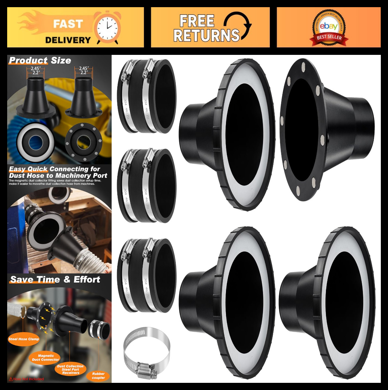 Magnetic Dust Collection Fittings 4" to 2.5" for Shop Vacuums, Starter Kit w/Con