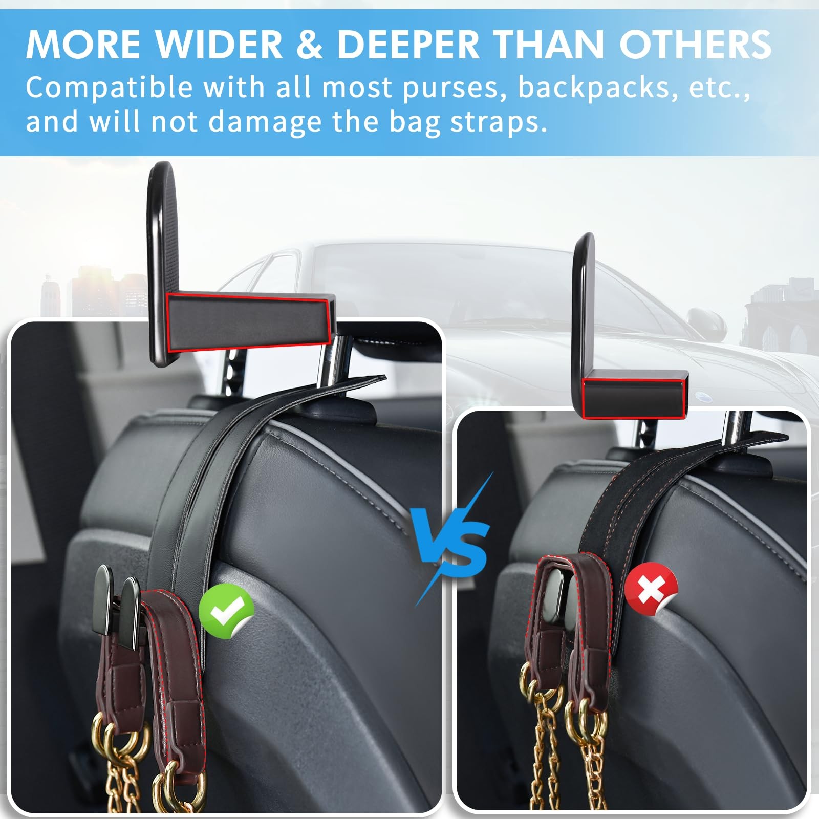 Car Hooks for Headrest, Leather Seat Back Storage Organizer Black-2 Pack