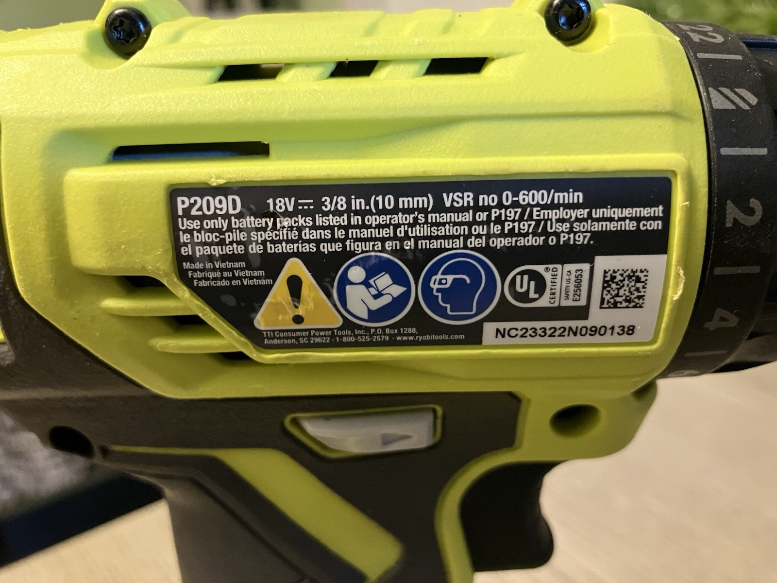 RYOBI ONE+ 18V 3/8" Drill (P209D) TOOL ONLY