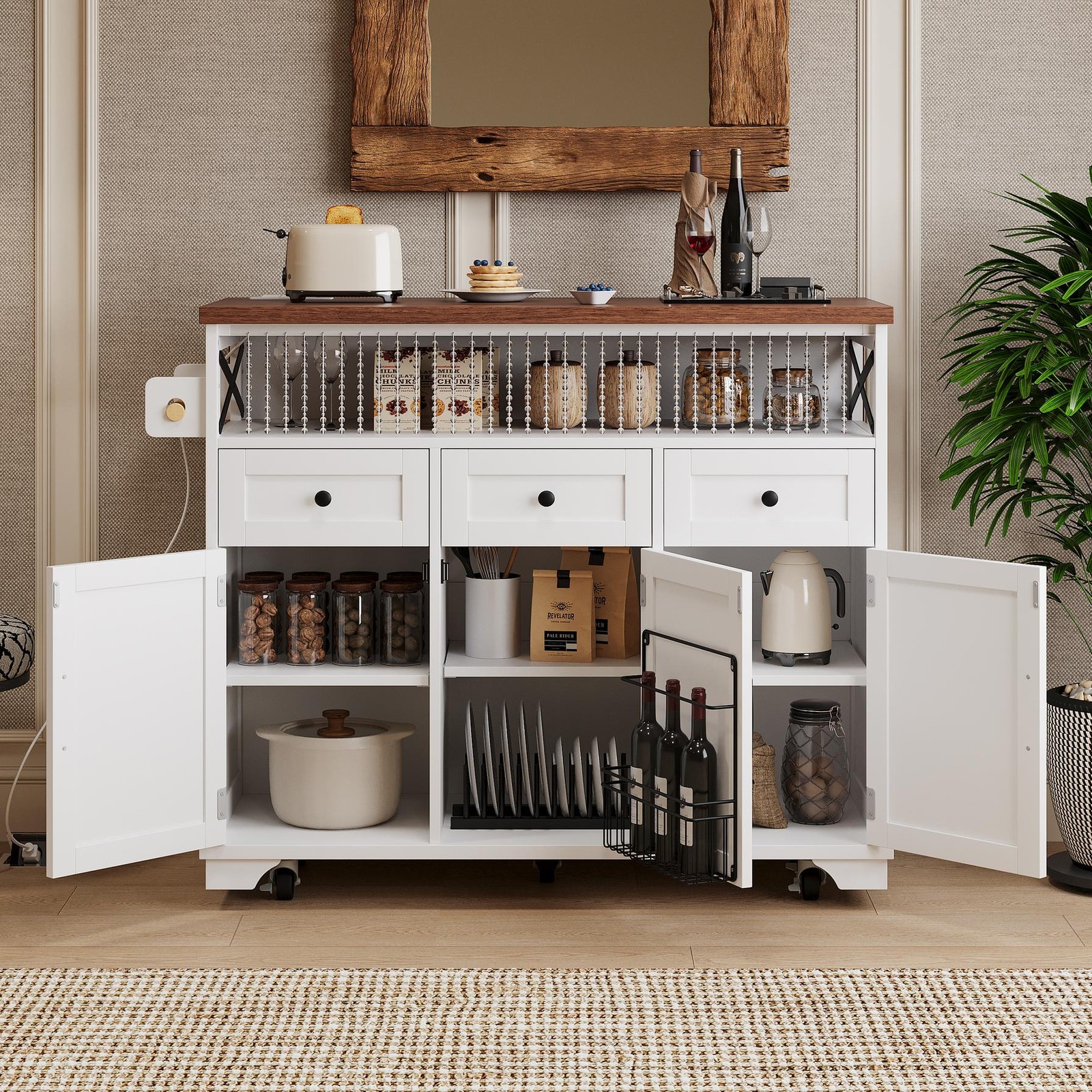 Vinsetto Farmhouse Kitchen Island with Beaded Drape, White