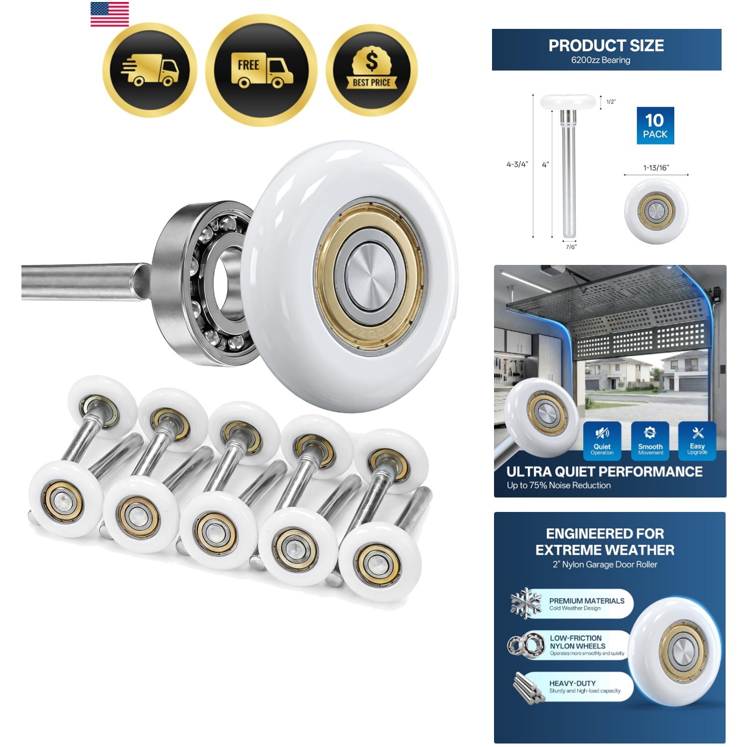 Terpheety Nylon Garage Door Rollers 10 Pack - 2" Quiet Garage Door Wheels Rep...