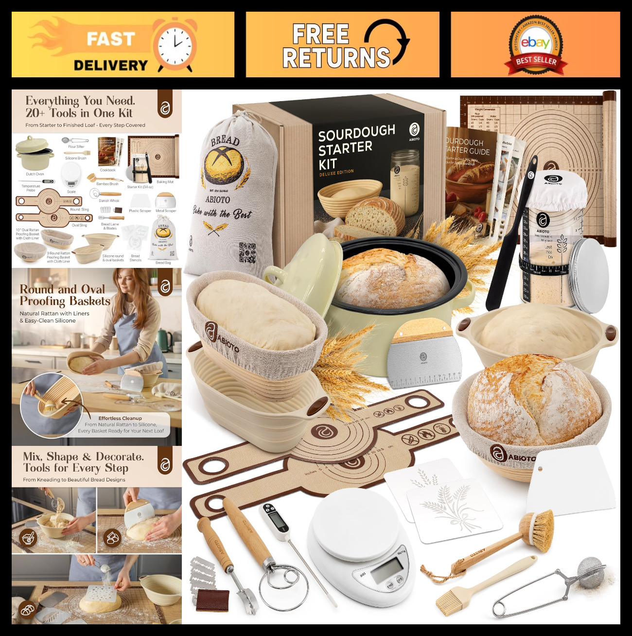 Complete Sourdough Starter Kit with Dutch Oven, Scale, Proofing Baskets & Tools
