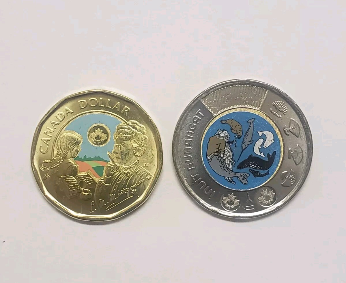Set of 2024 Inuit Toonie & Montgomery Loonie Mint UNC Color $2 and $1 Coins