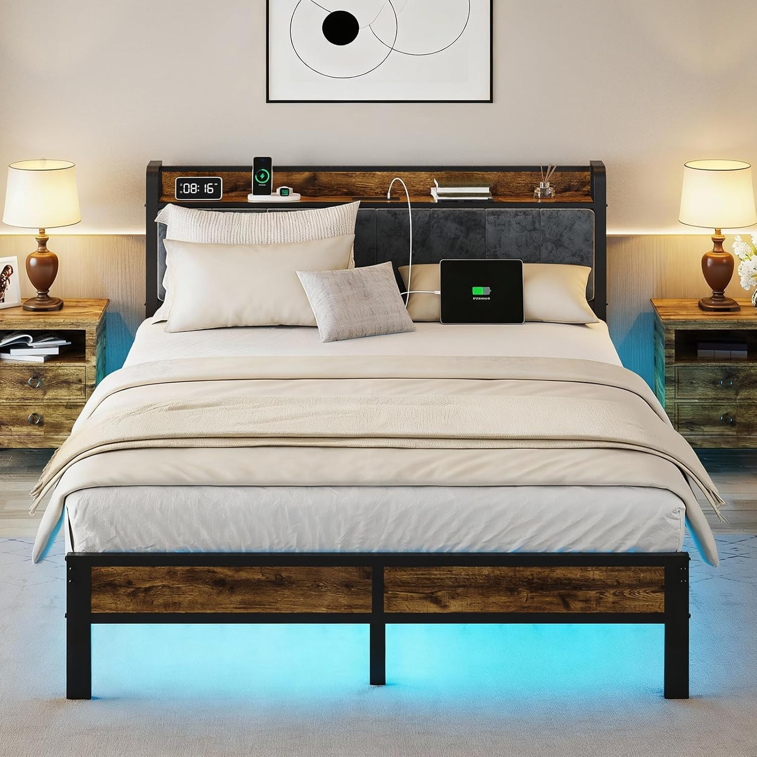 PROTEA Queen Size Bed Frame with LED Lights and Charging Station, Upholstered St