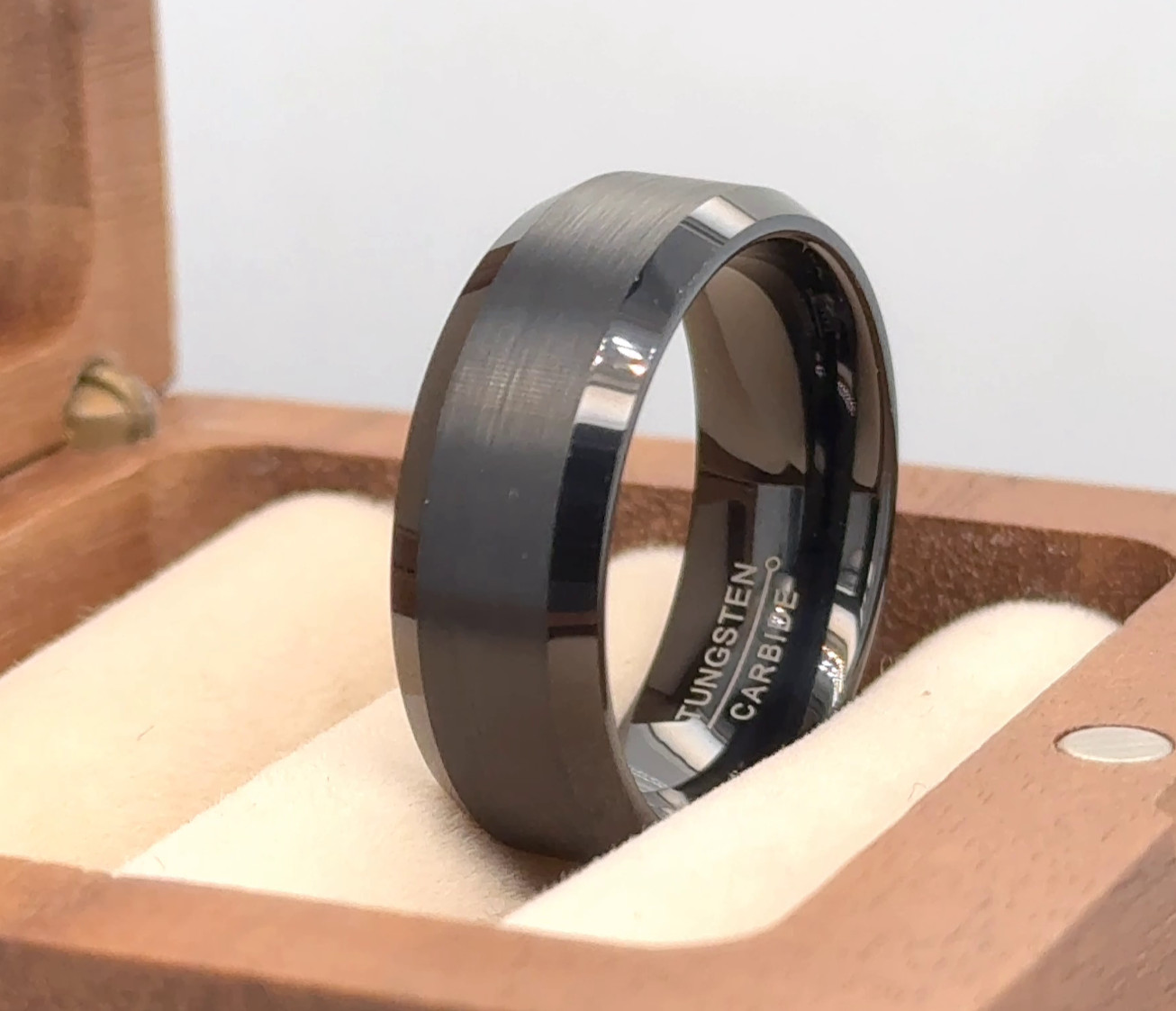 8mm Black Tungsten Wedding Band Brushed Stepped Edges Ring November Gift Ring