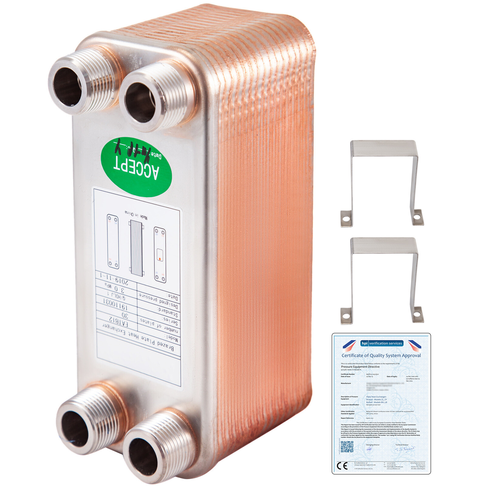 Uimoso 316L Stainless Steel Brazed Plate Heat Exchanger 30 Plate 3"x8" 3/4" MPT
