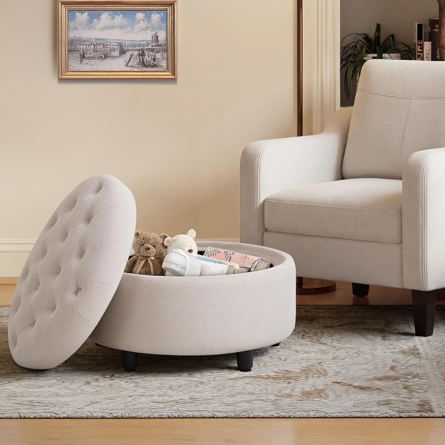 Fabric round Storage Ottoman with Reversible Tray Lid – Multi-Functional Footres