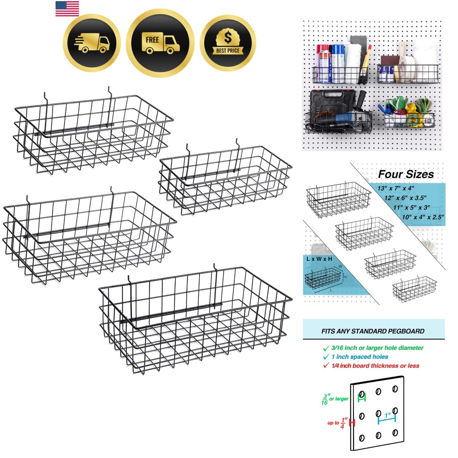 Pegboard Baskets, Set of 4 Black - Hooks to Any Peg Board - Pegboard Accessor...