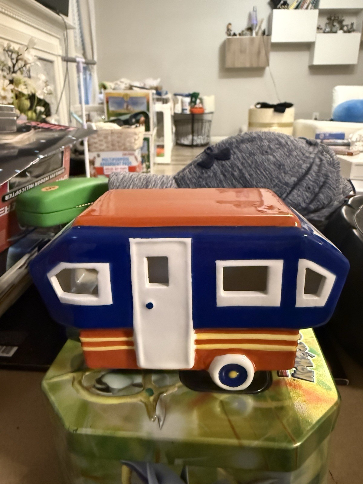 Retro Blue/White Ceramic Light up Camper