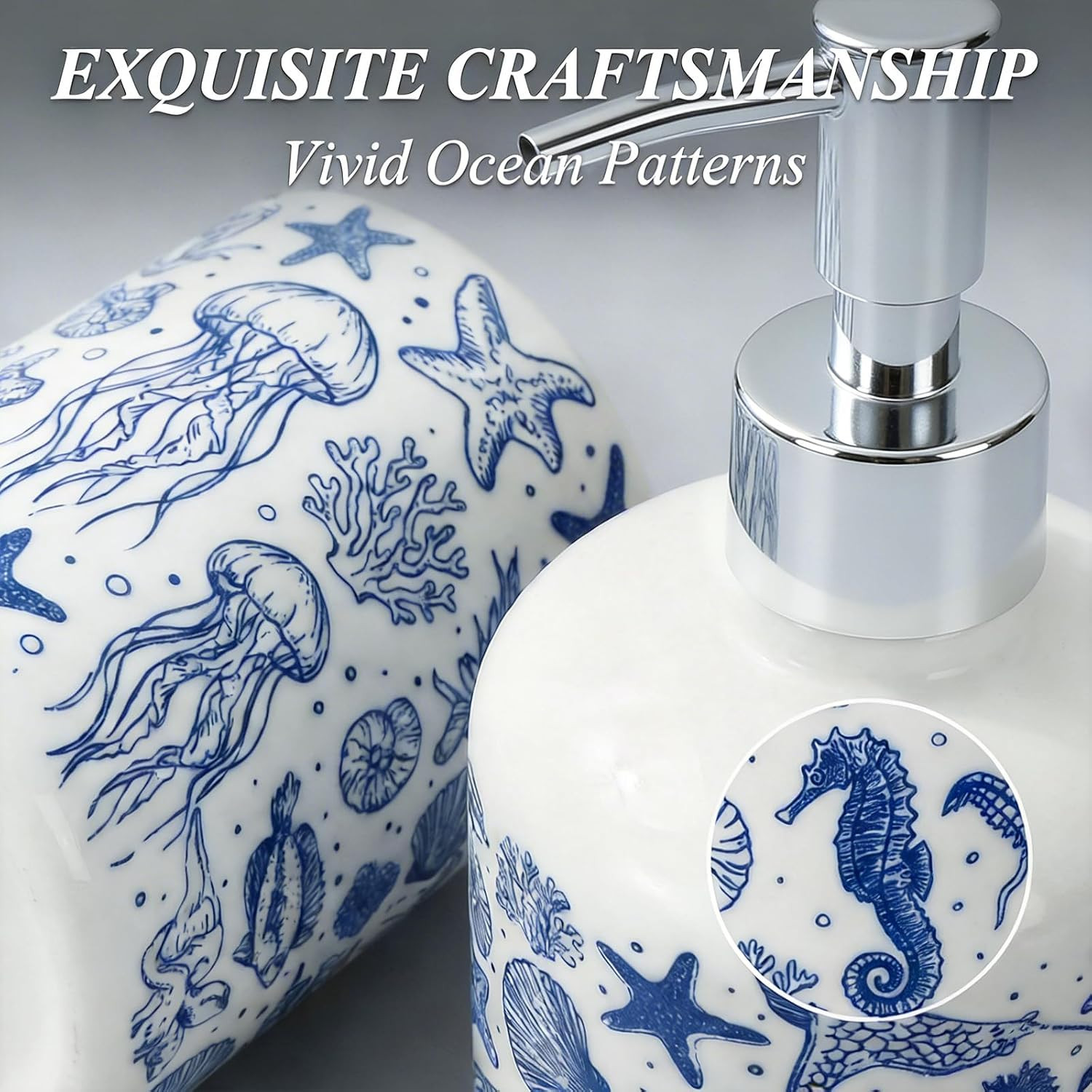 4Pcs Blue Beach Ceramic Bathroom Accessories Coastal Seashell