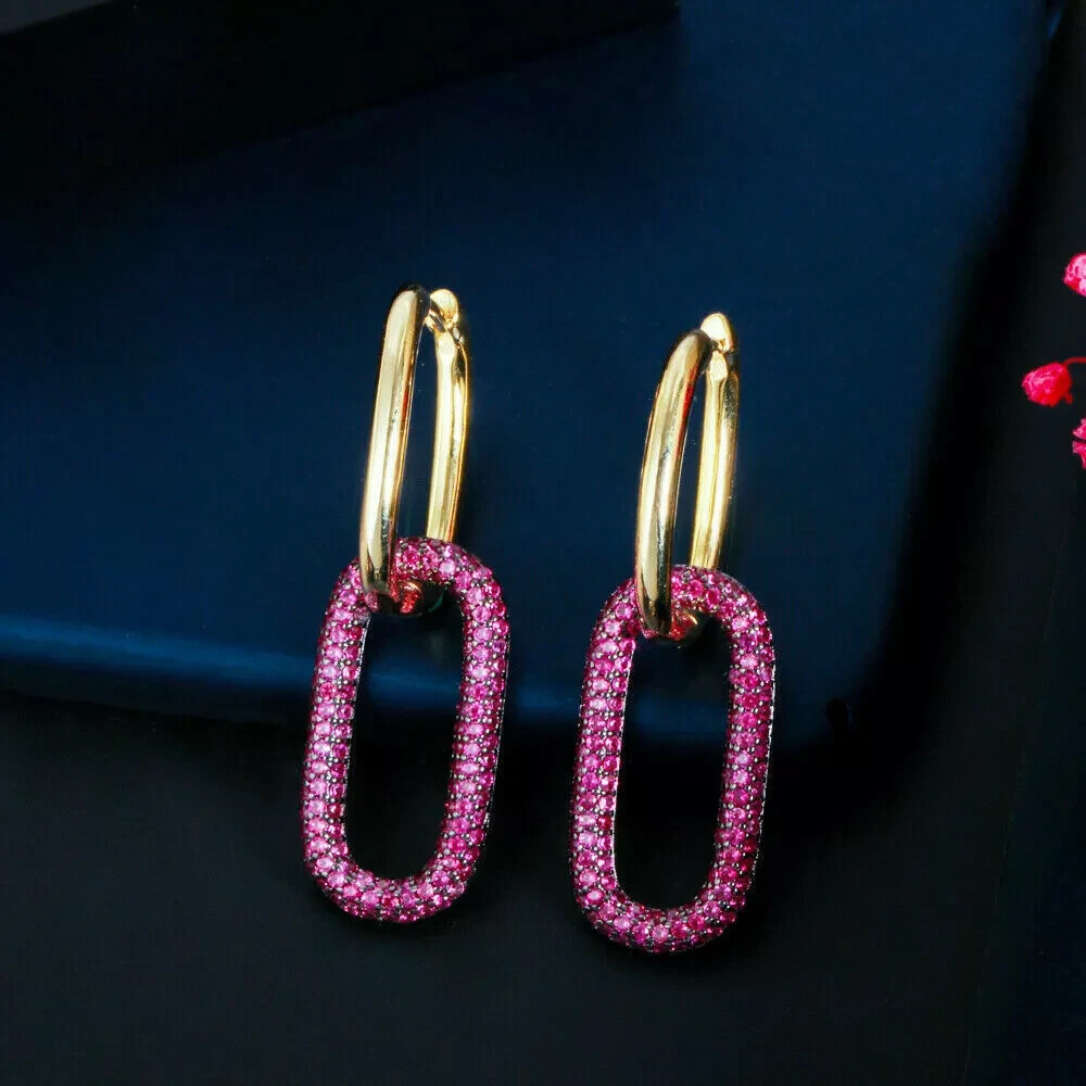 1.50Ct Lab Created Red Ruby Oval Drop/Dangle Earrings 14K Yellow Gold Finish