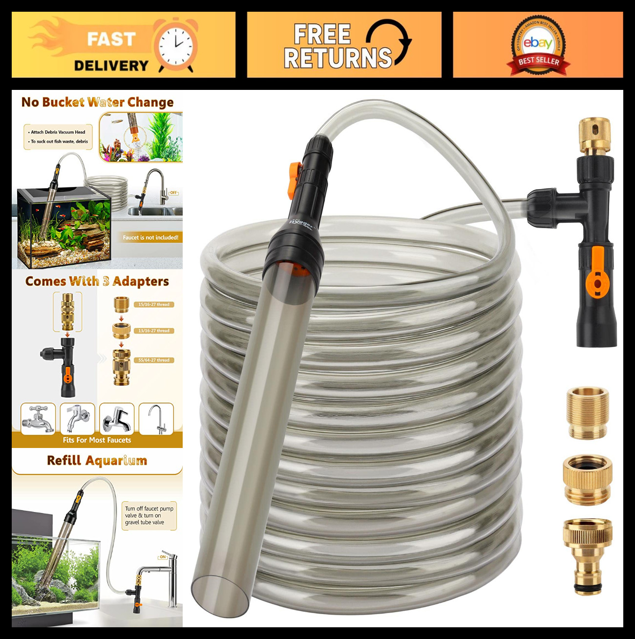 Aquarium Water Change Kit - Bucket-Free Fish Tank Vacuum Siphon & Gravel Cleaner