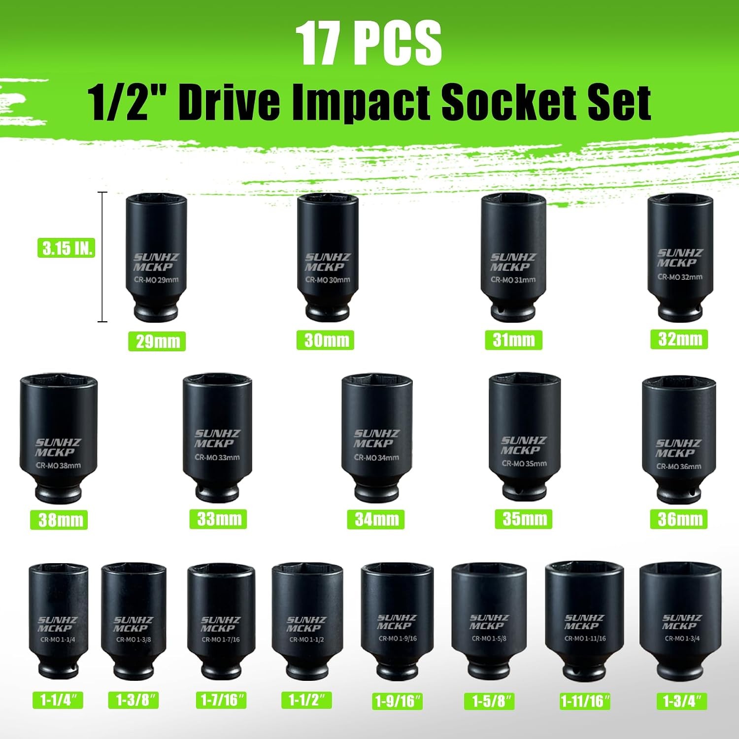 1/2" Drive Deep Impact Socket Set 17-Piece, Spindle 6 Point Axle Nut Sockets Set