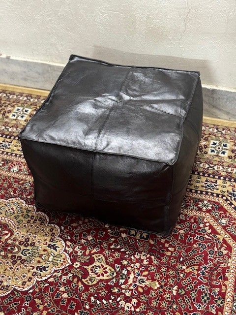 20 Inch Black Leather Pouf Ottoman – Authentic Moroccan Boho Footstool