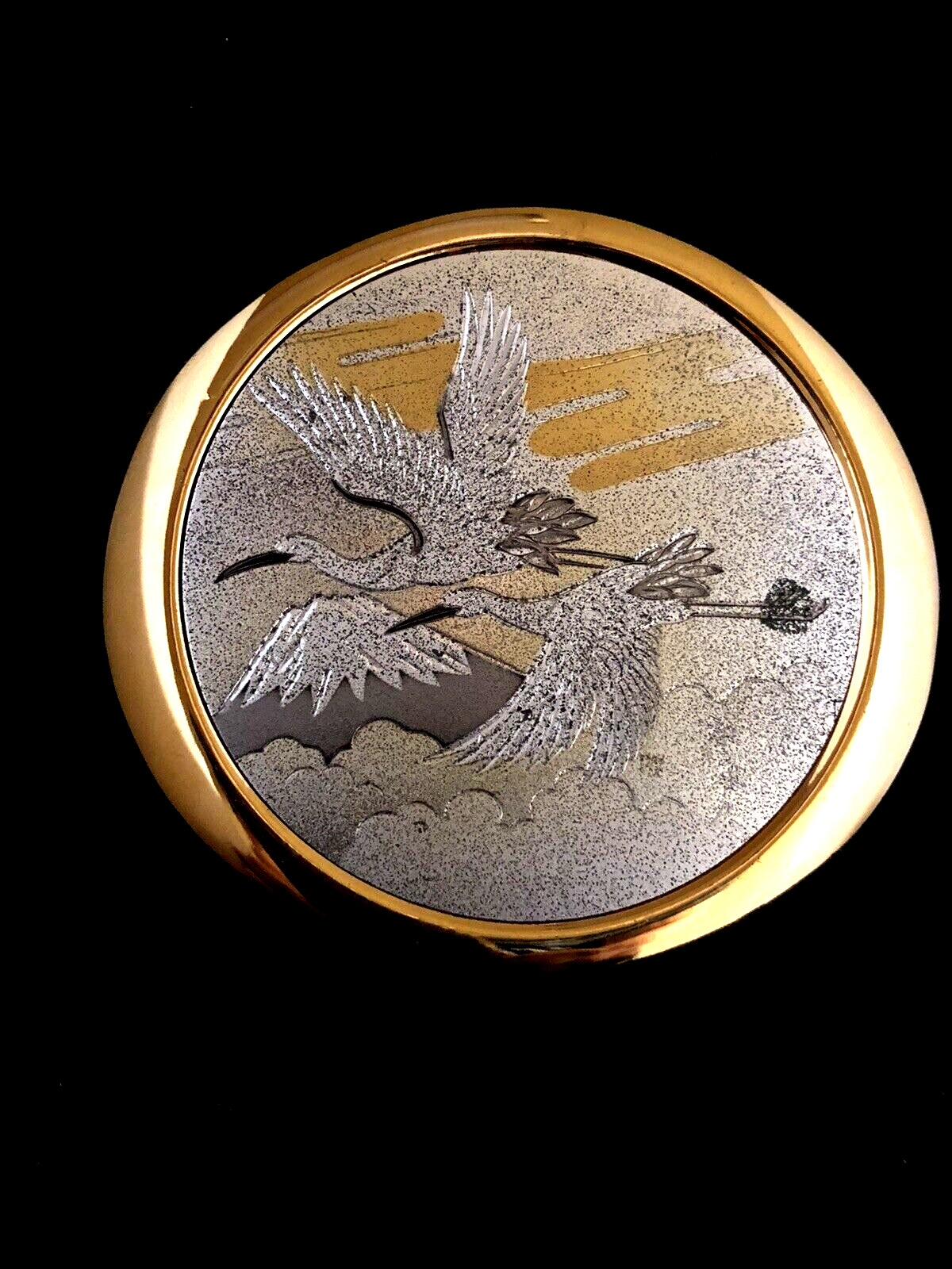 The Art of Chokin Trinket Dish with Lid. Herons in Flight