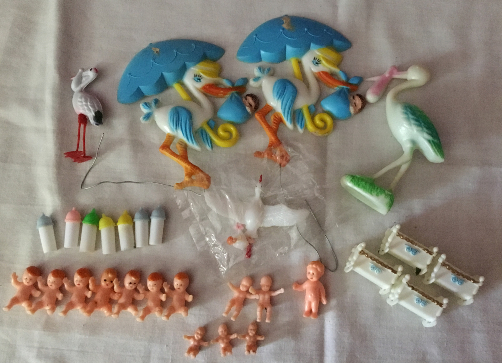 Vintage Large Lot Baby Shower Cake/Cupcake Toppers 29 Pieces Stork Baby Bottles