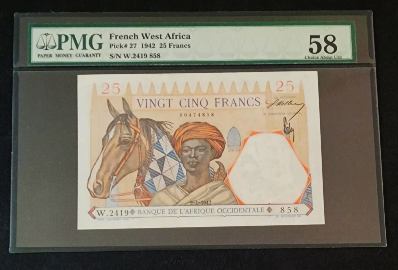 West African States p-27, AUNC, 25 Francs, 1941-43, PMG Graded 58