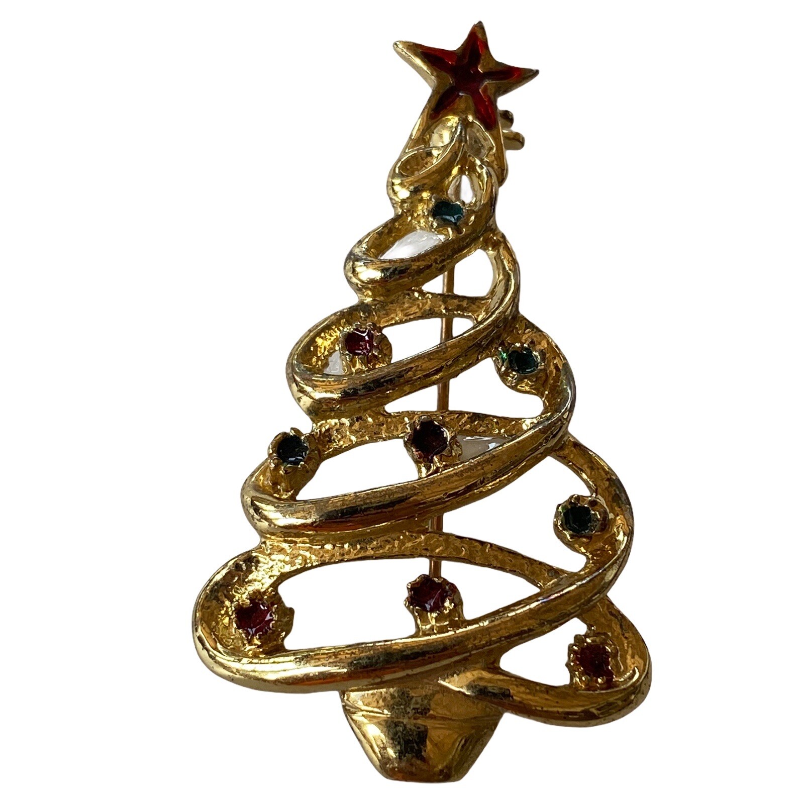 Christmas Tree Brooch Pin Swirl Gold Toned MODERNIST Enamel
