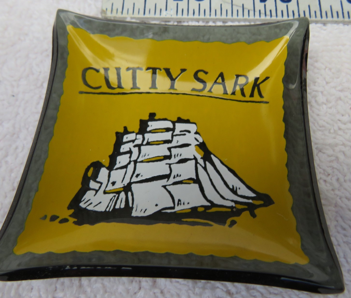 Cutty Sark  shotglass-Nut-Ash tray 2.25 x 2.25 yellow W/ ship & smoked edges