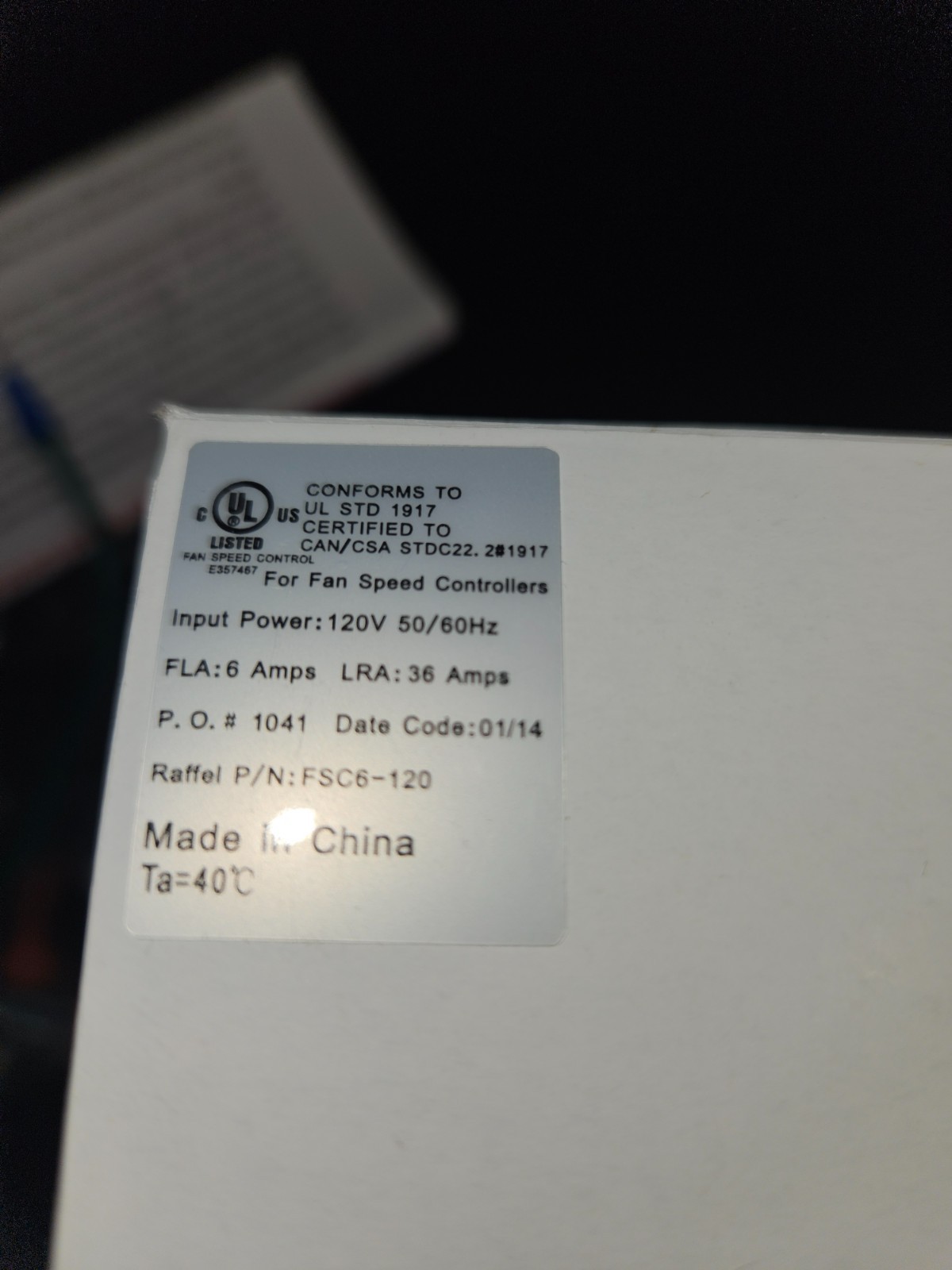 Raffel Solid State Speed Control Fsc6-120 Brand New Fan Speed Control