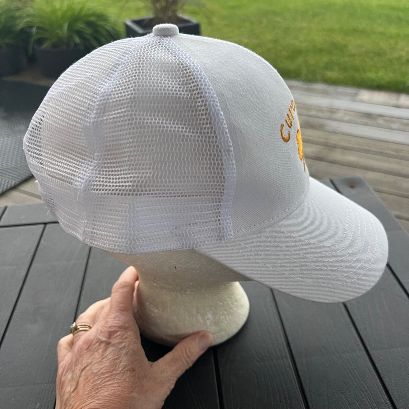 Curology Shamrock Gold Embroidered Hat Cap White Trucker Fabric Mesh w Hook Loop
