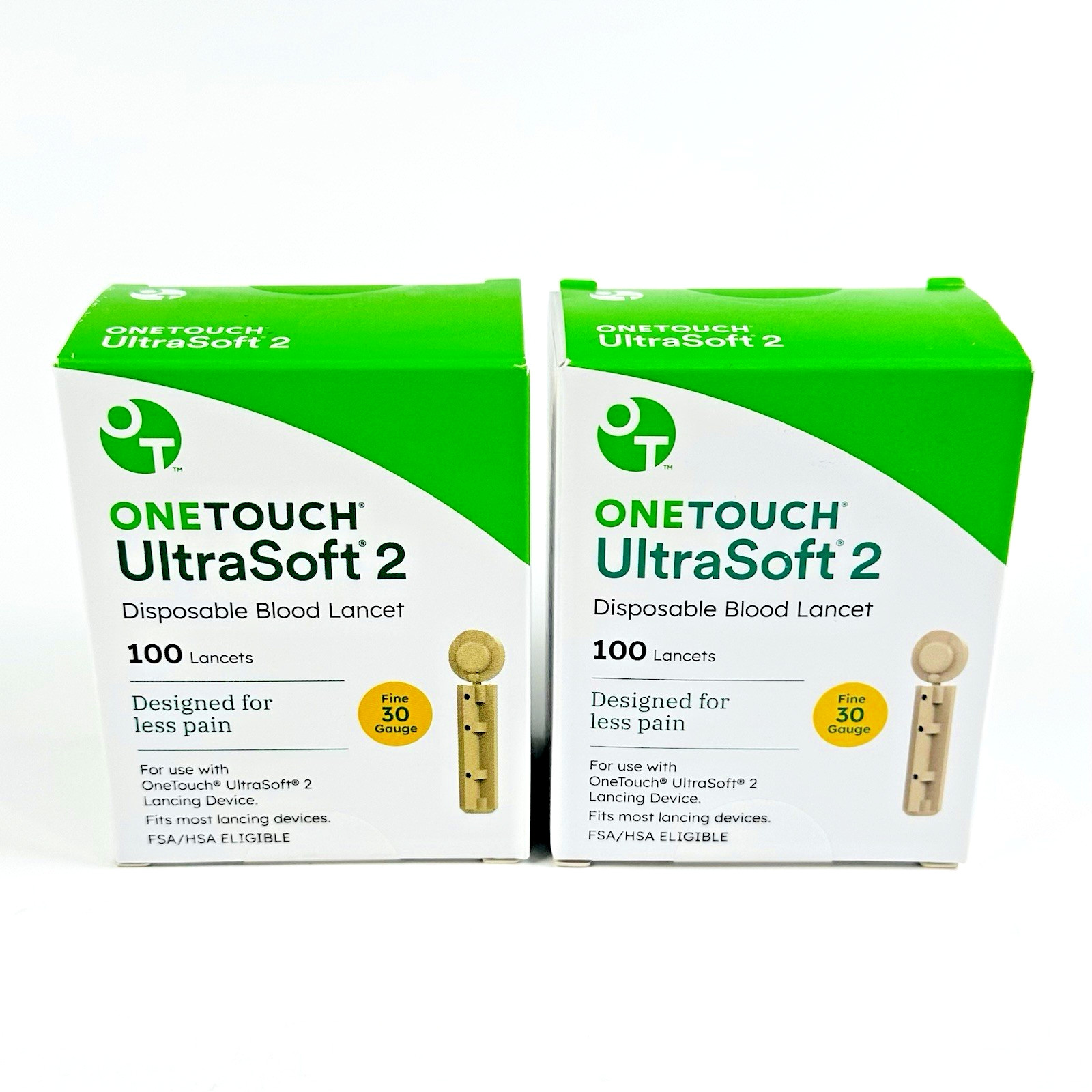 (2 Pack) OneTouch UltraSoft 2 Lancets (30 Gauge) 100 Count Box Each - New Sealed