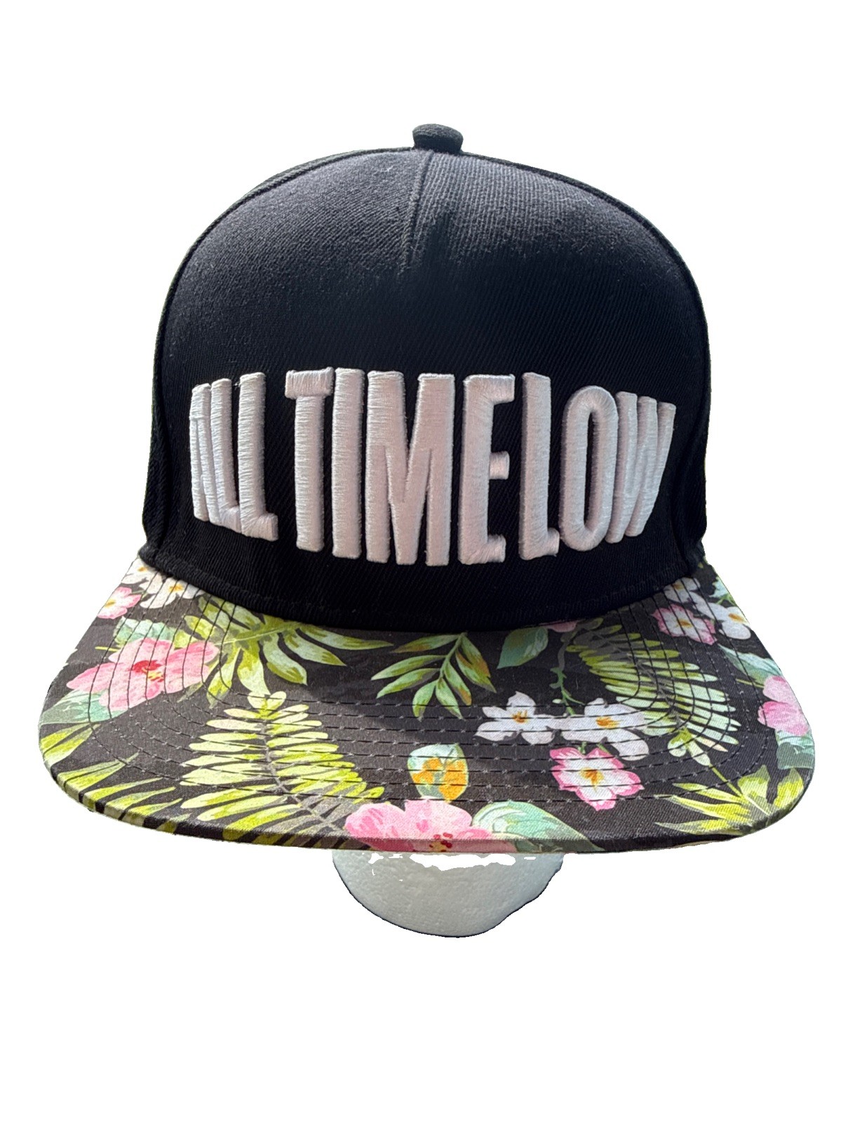 ALL TIME LOW in Thick White Letters on Black Hat Cap w Flowered Bill Snapback