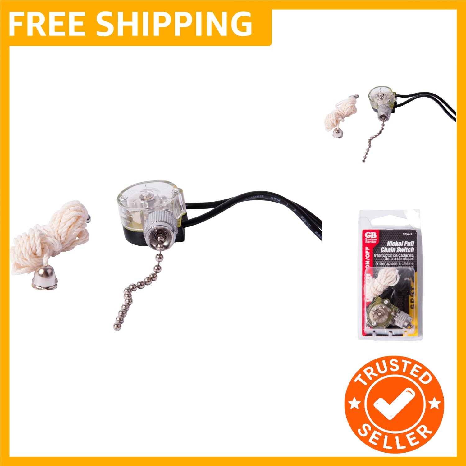 GSW-31 Electrical Pull Chain Switch, SPST, ON-OFF, 6 A/125V AC, 6 inch Wire T...