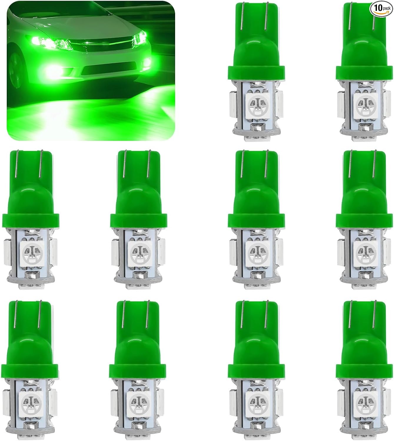 10PCS 194 LED Light Bulb, 6000K T10 168 W5W 2825 5SMD 5050 Chips  Color: Green