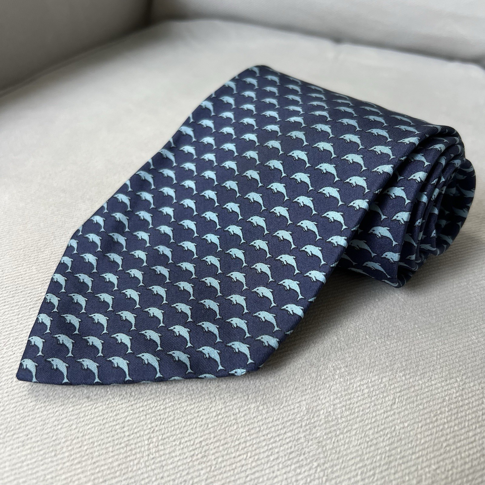 Ermenegildo Zegna Neck Tie Silk Blue Dolphin All Over Print Made In Italy Mens