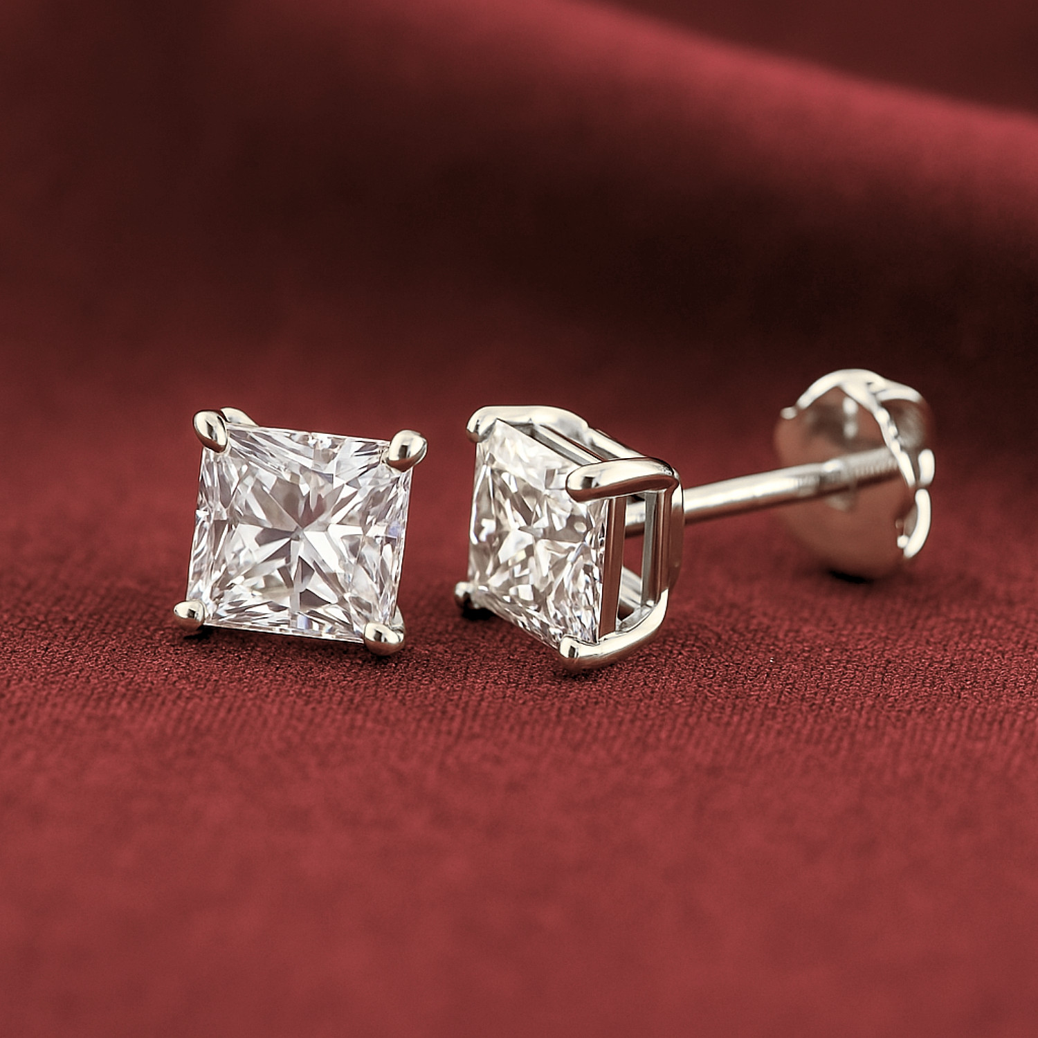 14K Solid White Gold D FL Solitaire Princess-Cut Diamond Stud Earrings Lab Grown