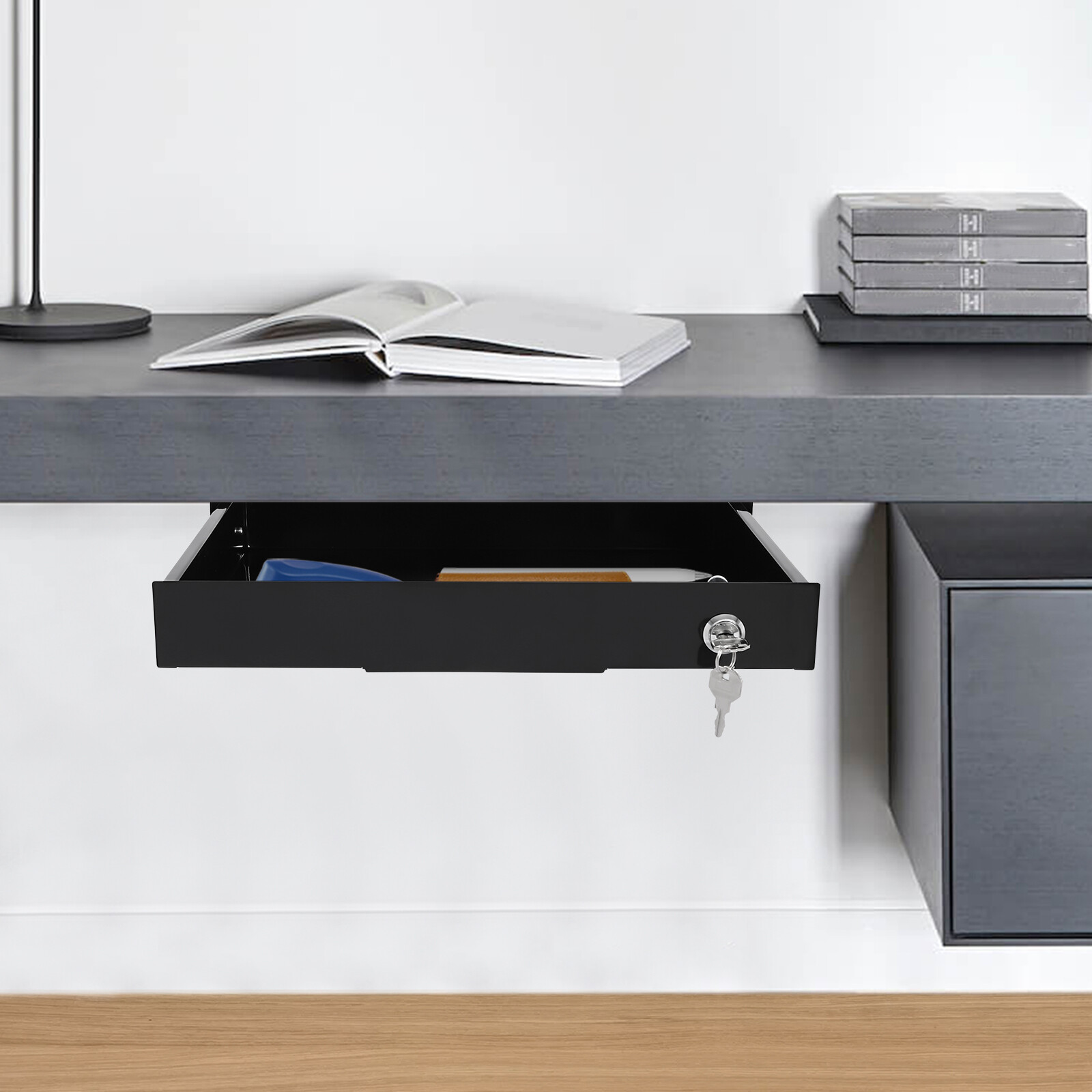 Under Desk Mounted Drawer Storage Sliding Out Tray Black Space Saver With Keys