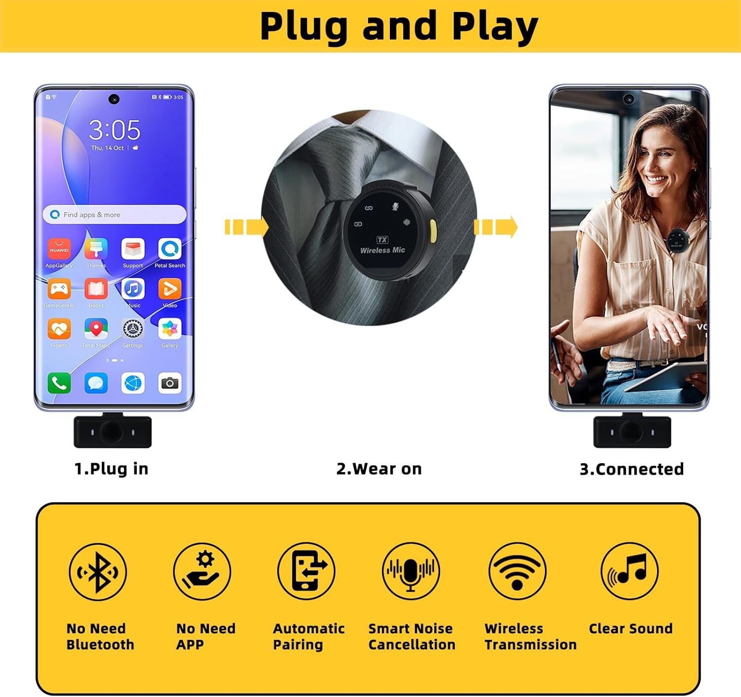 Magnetic Wireless Lavalier Microphone For Type-C Device Noise Cancellation 2 Mic