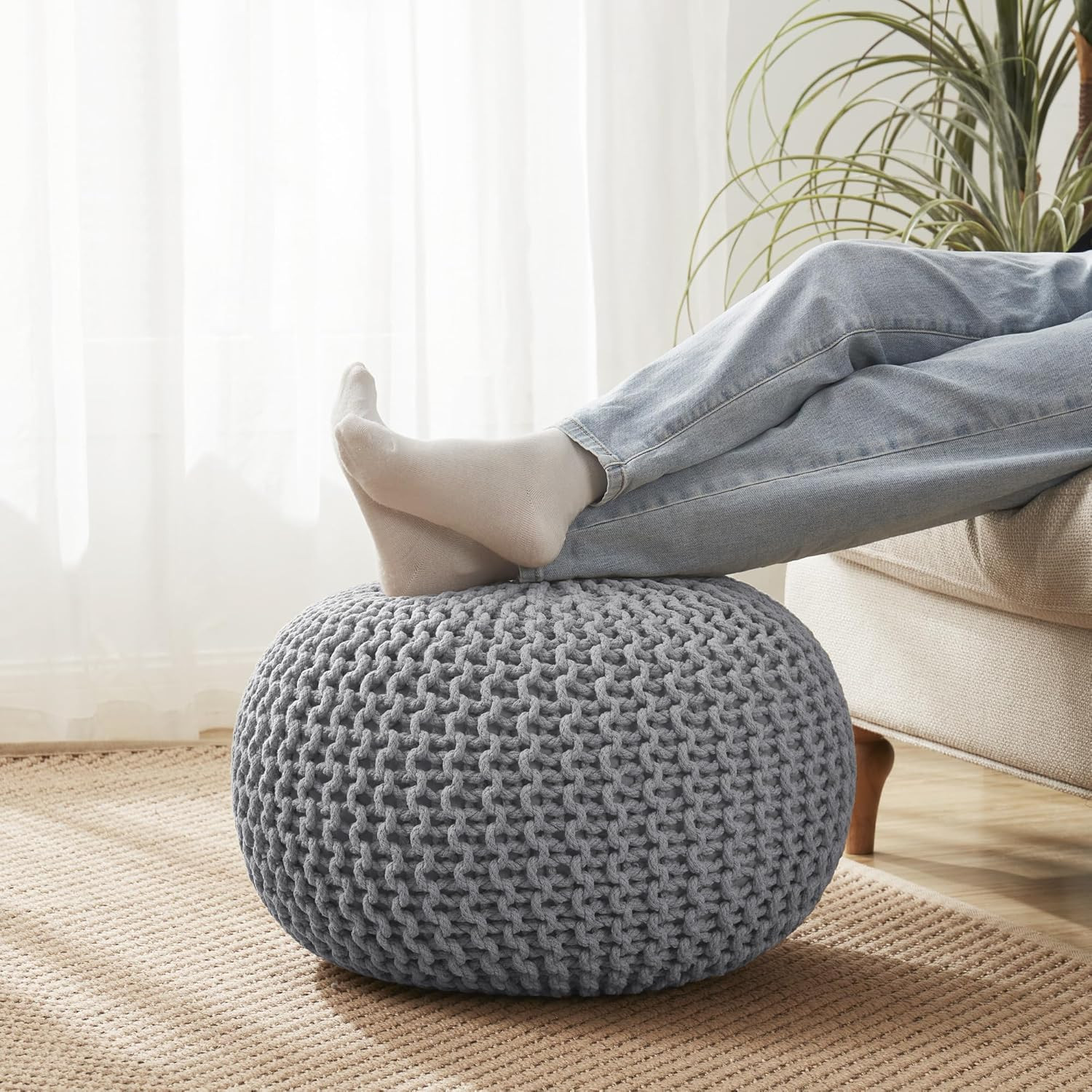 Pouf Ottoman Foot Rest Stuffed – 20” Diameter X 14” Tall Cozy Floor Pouf for Liv