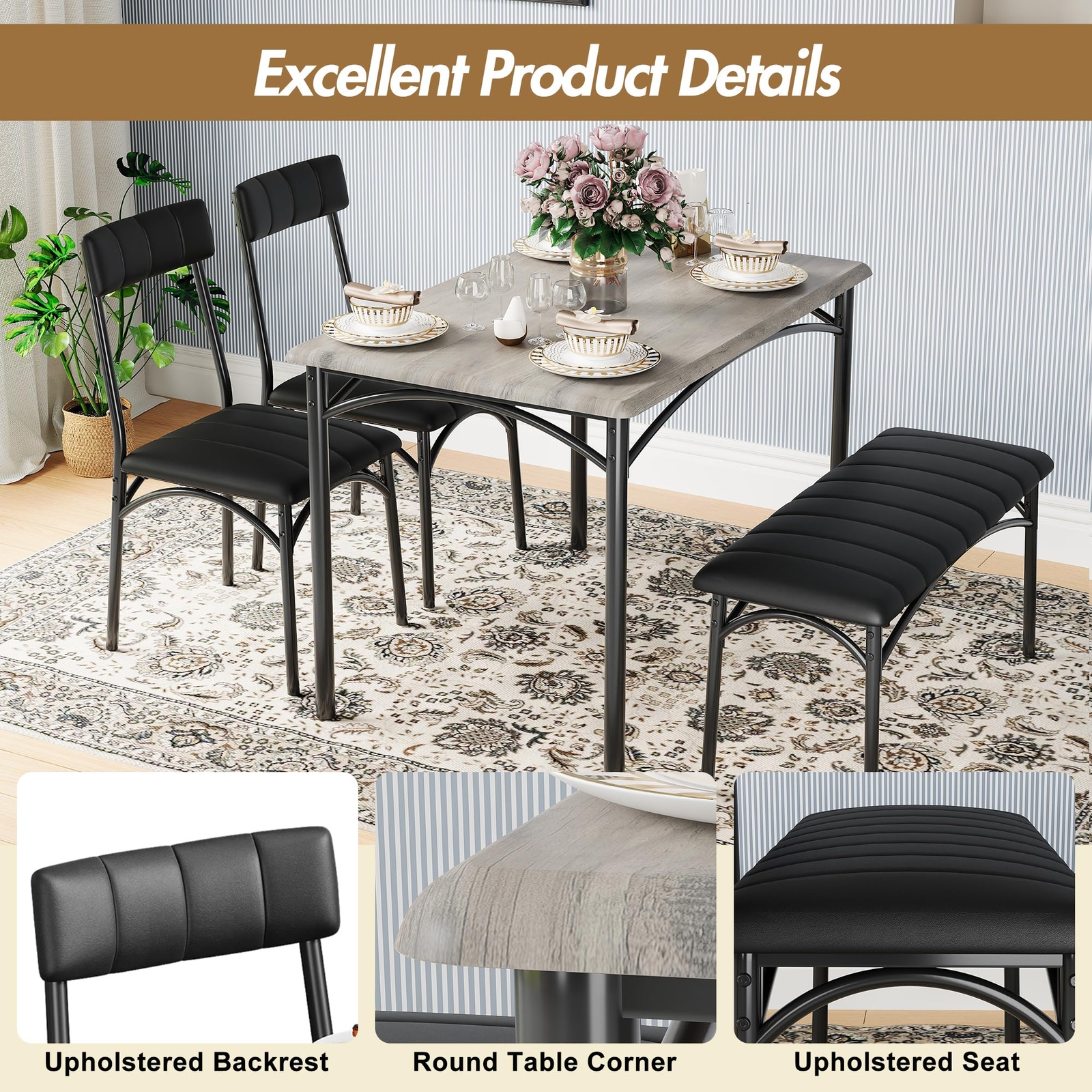 Dining Table Set, Kitchen Table With Upholstered Bench and Chairs for Apartment