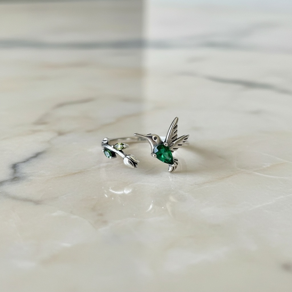 Hummingbird Ring: Sterling Silver Rose Flower Leaf Wrap, Adjustable Band