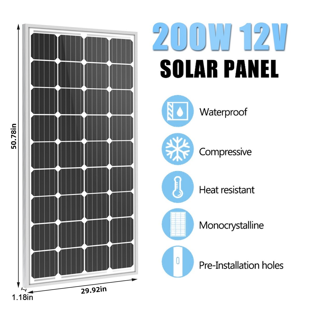 200W Monocrystalline Solar Panel High Efficiency Mono Module RV Boat Off Grid