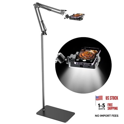 Floor Overhead Phone Tripod with Rechargeable Light for Cooking Videos, black
