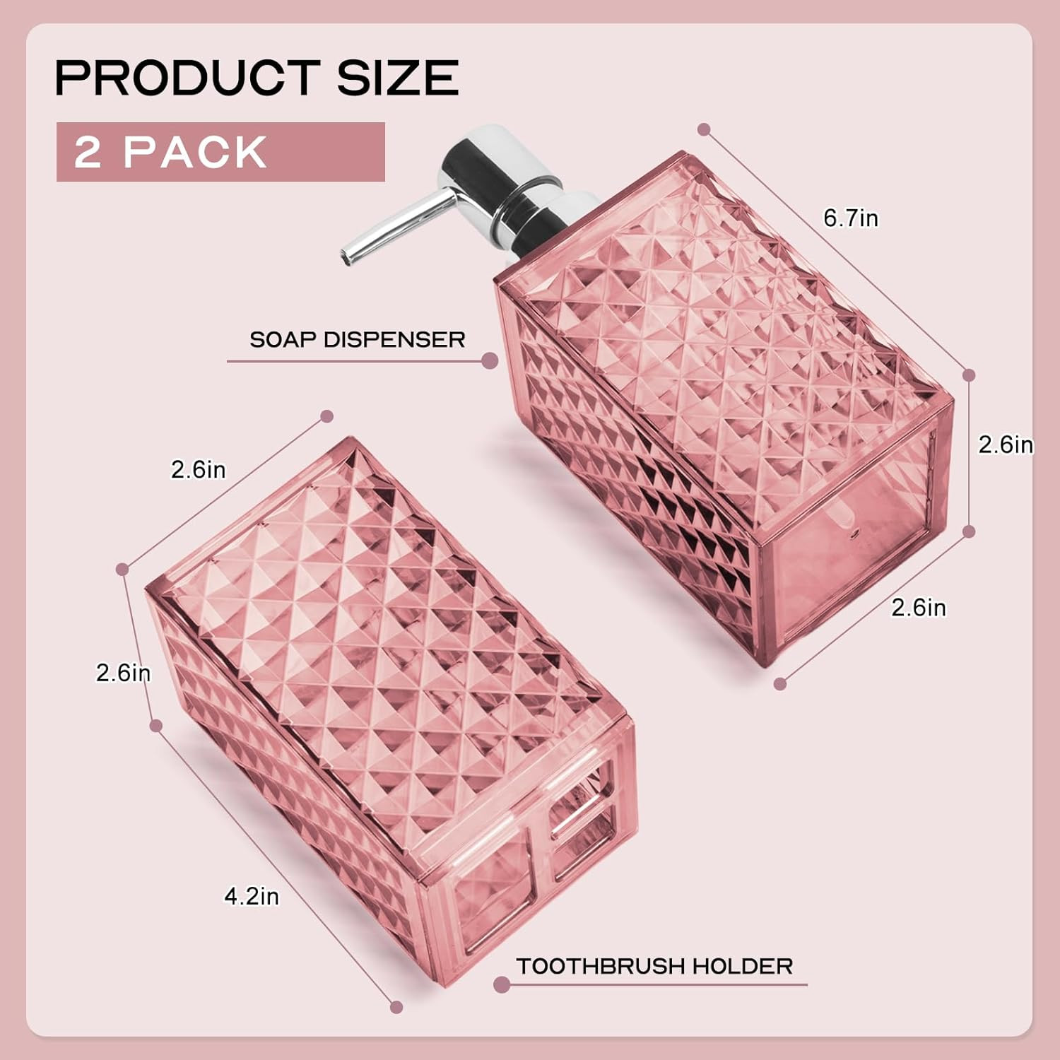 Pink Bathroom Accessories Set, 2-Piece Soap Dispenser & Toothbrush Holder